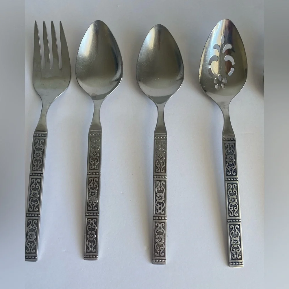 MCM 6‎ Pc Oneida Community Isabella Stainless Serving Set Utensils Flowers Dot